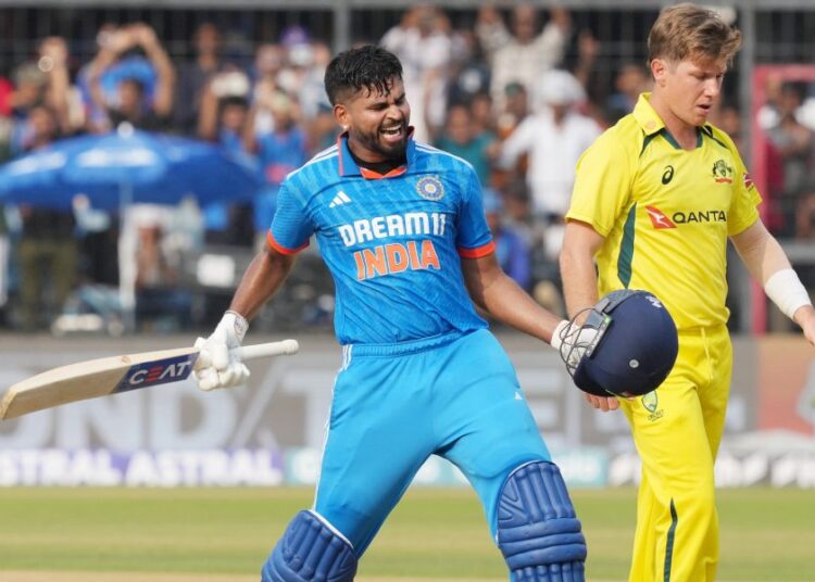 Indore: India's Shreyas Iyer celebrates after scoring a century during the second ODI cricket match between India and Australia, at Holkar Stadium in Indore, Sunday, Sept. 24, 2023. (PTI Photo/Arun Sharma)  (PTI09_24_2023_000243A)