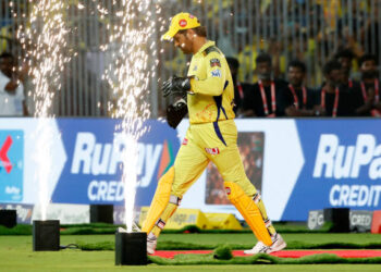 CHENNAI, INDIA - MAY 23: Mahendra Singh Dhoni of Chennai Super Kings walks onto the pitch to field during the IPL Qualifier match between Gujarat Titans and Chennai Super Kings at MA Chidambaram Stadium on May 23, 2023 in Chennai, India. (Photo by Pankaj Nangia/Getty Images)