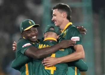 মার্কো জানসেন, কাগিসো রাবাদা ও এইডেন মার্করামের উল্লাস।