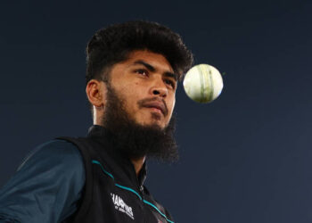 RAWALPINDI, PAKISTAN - FEBRUARY 23: Rishad Hossain of 
Bangladesh looks on during a nets session on February 23, 2025 in Rawalpindi, Pakistan.  (Photo by Chris Hyde-ICC/ICC via Getty Images)