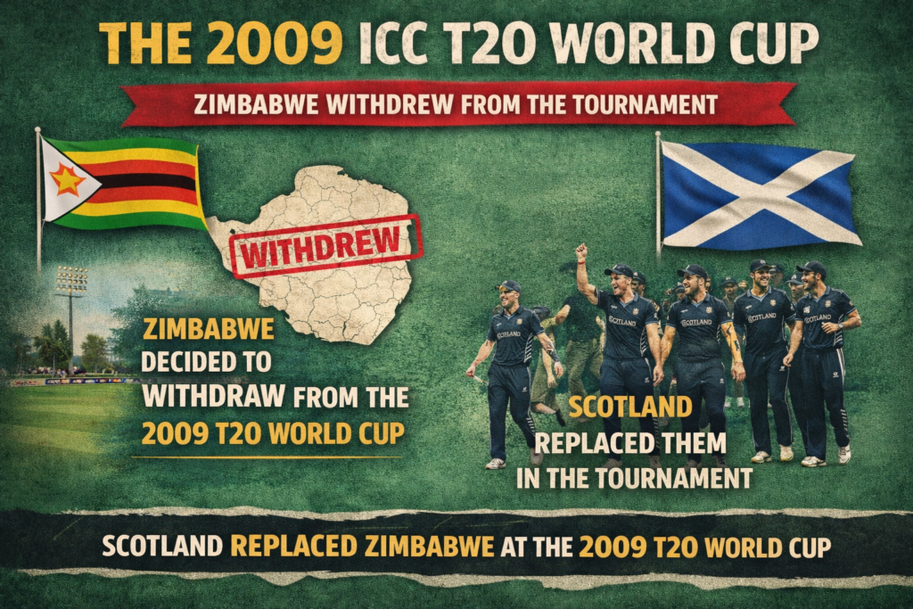 ২০০৯ টি-টুয়েন্টি বিশ্বকাপ সেবার জিম্বাবুয়ে টুর্নামেন্ট থেকে সরে দাঁড়ানোর সিদ্ধান্ত নেয়। ফলে তার পরিবর্তে স্কটল্যান্ড জায়গা করে নেয়