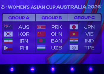 ২০২৫ সালের ২৯ জুলাই সিডনি টাউন হলে এএফসি মহিলা এশিয়ান কাপের ড্র এর সময় চূড়ান্ত হওয়া দলগুলোর নাম প্রদর্শন করা হয়। (ছবি: গেটি ইমেজেস)