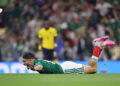 MEXICO CITY, MEXICO - JUNE 30: Raul Jimenez #9 of Mexico celebrates scoring his team's second goal during the FIFA World Cup 2026 Round Of 32 match between Mexico and Ecuador at Mexico City Stadium on June 30, 2026 in Mexico City, Mexico. (Photo by Hector Vivas - FIFA/FIFA via Getty Images)